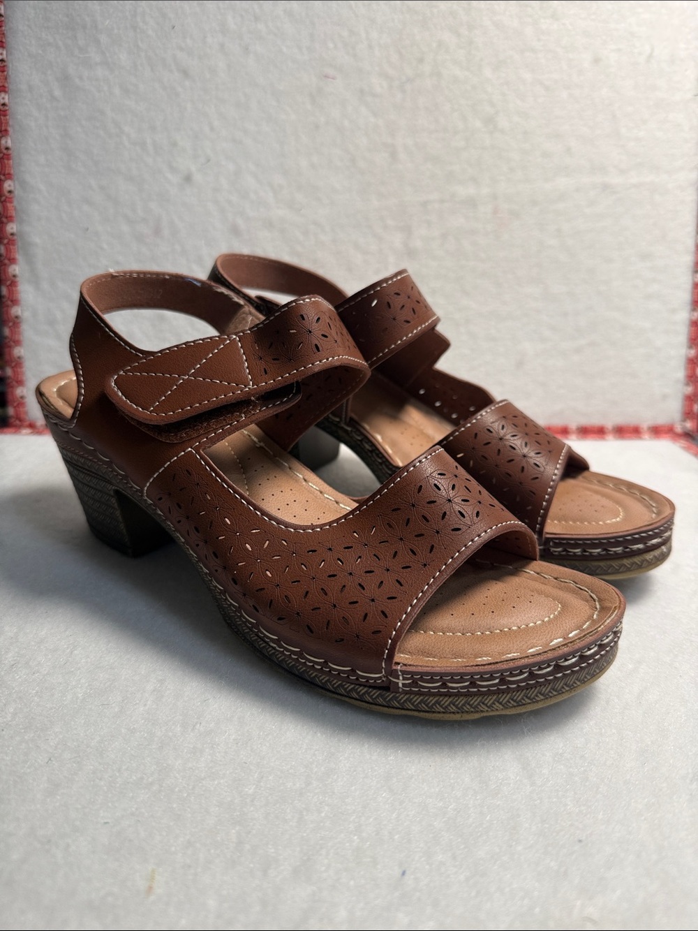 Spring Step Brown Perforated Heeled Sandals